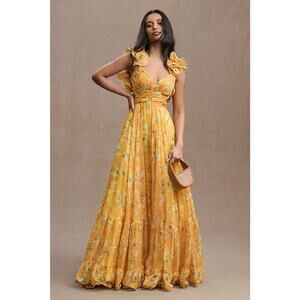 Mac Duggal Indy Ruffle Tiered Cut-Out Chiffon Floral A-Line Gown Yellow Womens 0